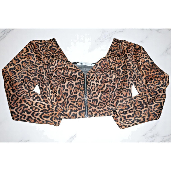 Zara Leopard Print Puff Sleeve Crop Top XS | Sweetheart Neckline Y2K Bustier - Picture 3 of 8